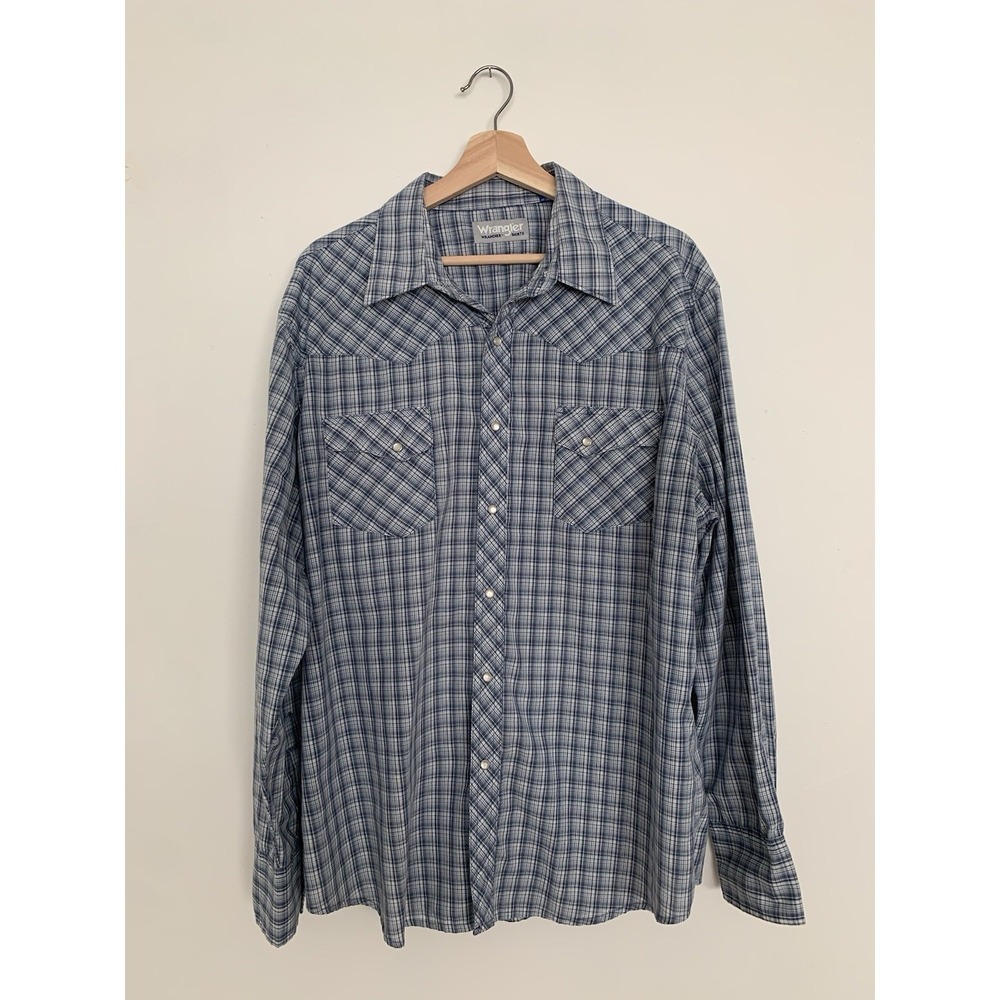 Vintage Wrangler Wrancher Shirt Pearl Snap Men's XL Blue And White Plaid Western